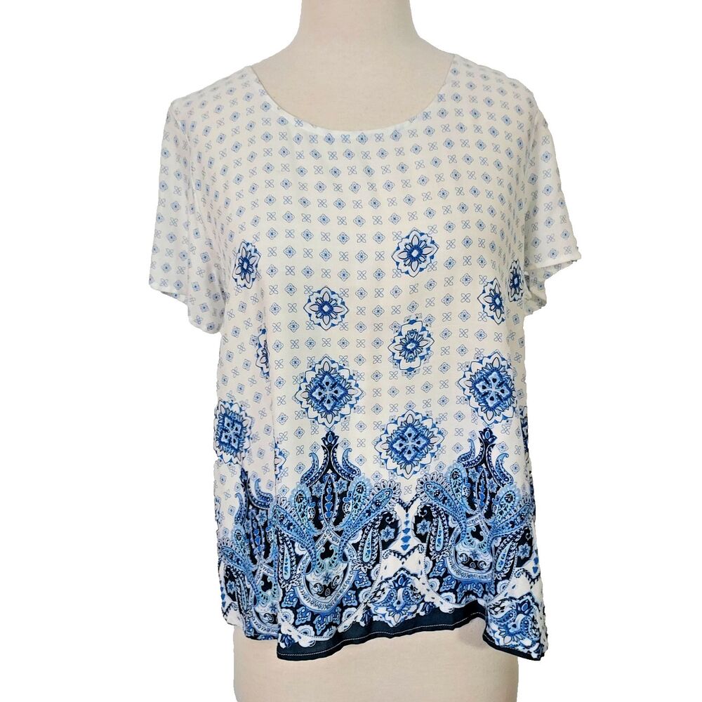 Route 66 Rayon Shirt Blouse Size Large Lightweight Strappy Blue White Top